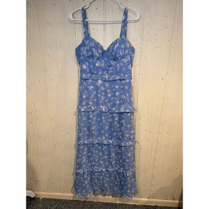 Women's AQUA Blue & White Floral Tiered Midi Dress, Size L